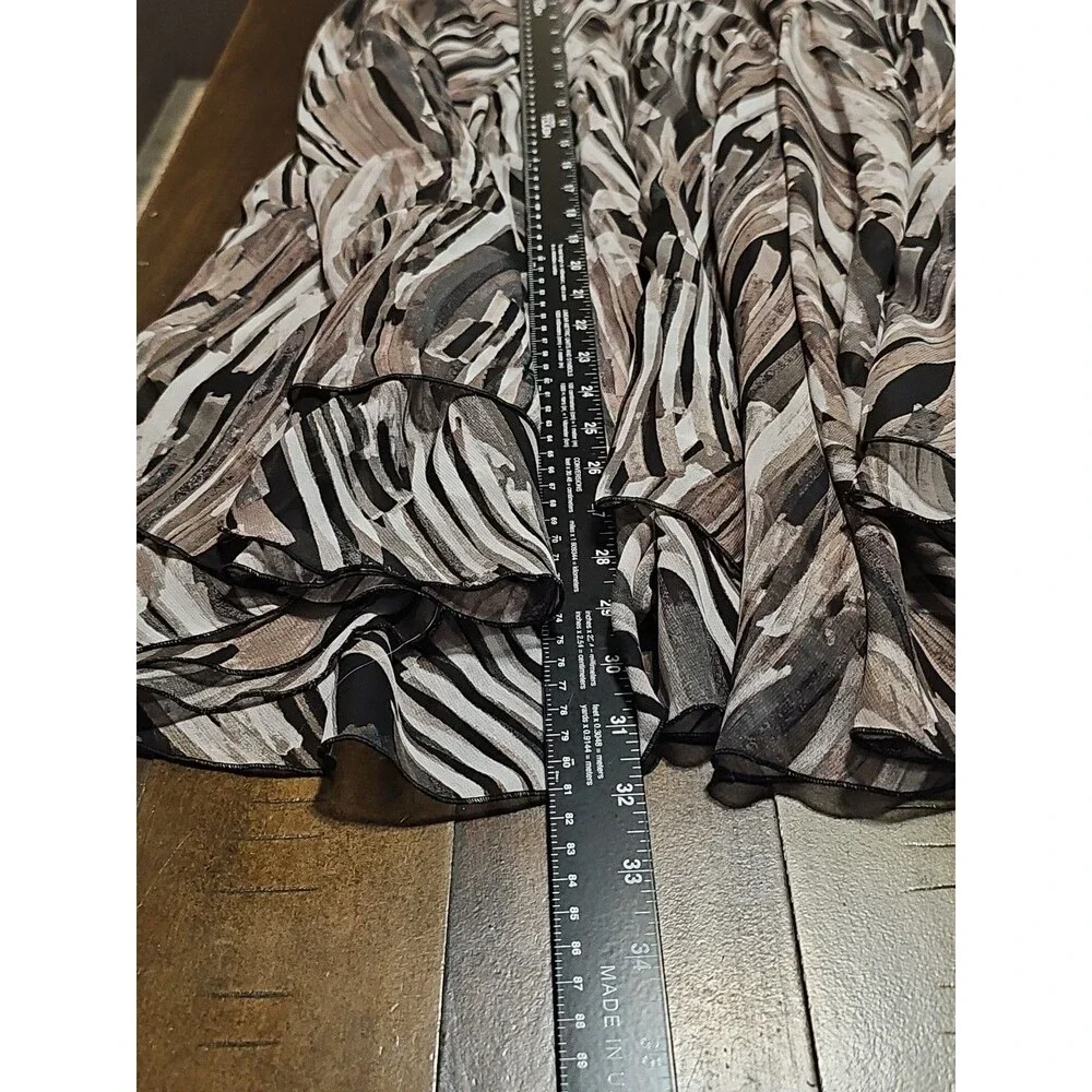 Susan Graver Printed Midi Skirt SZ Brown Black Abstract Asymmetrical Hem Lined